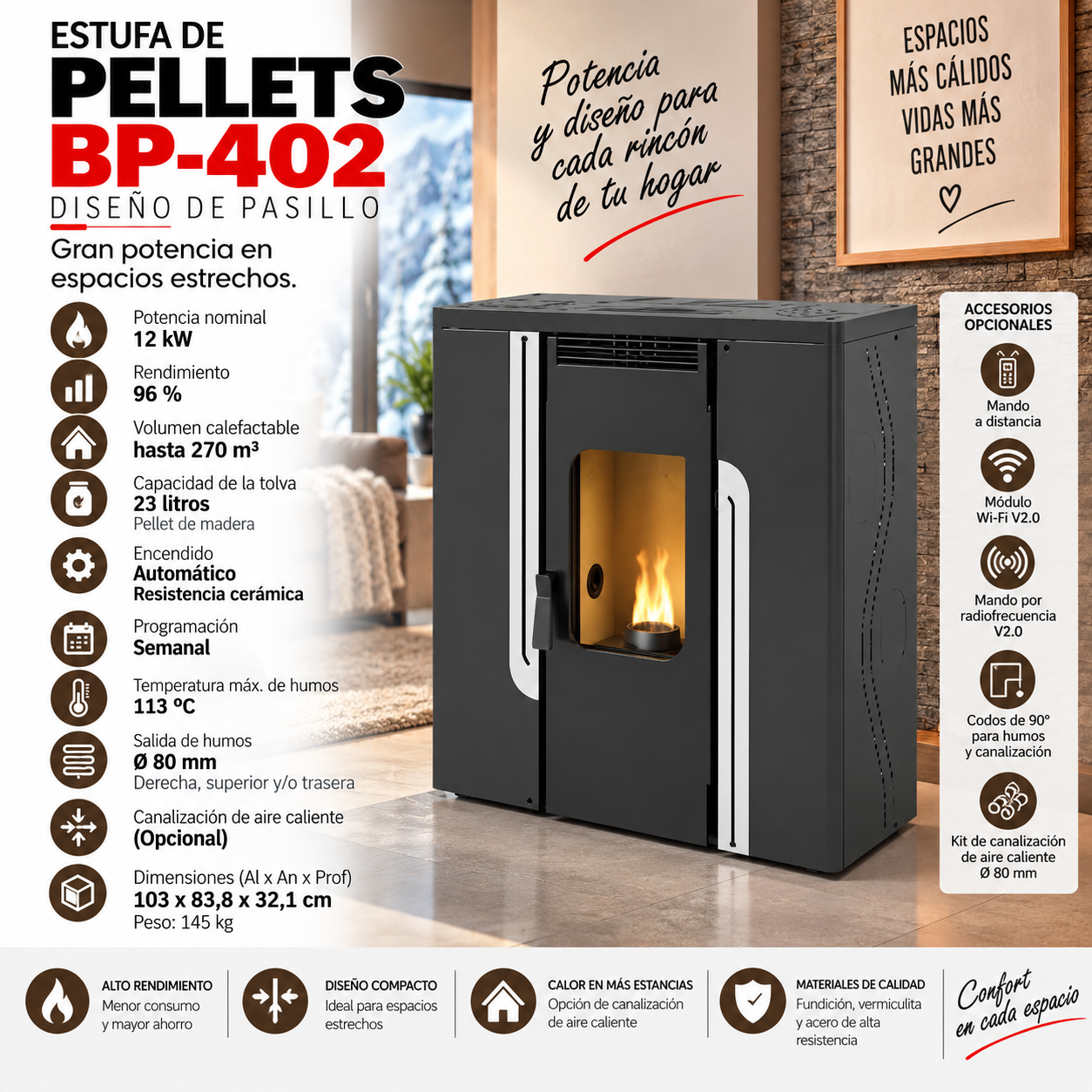 Estufa de Pellets de Pasillo BP-402 12 kW – Calefacción Eficiente y Compacta