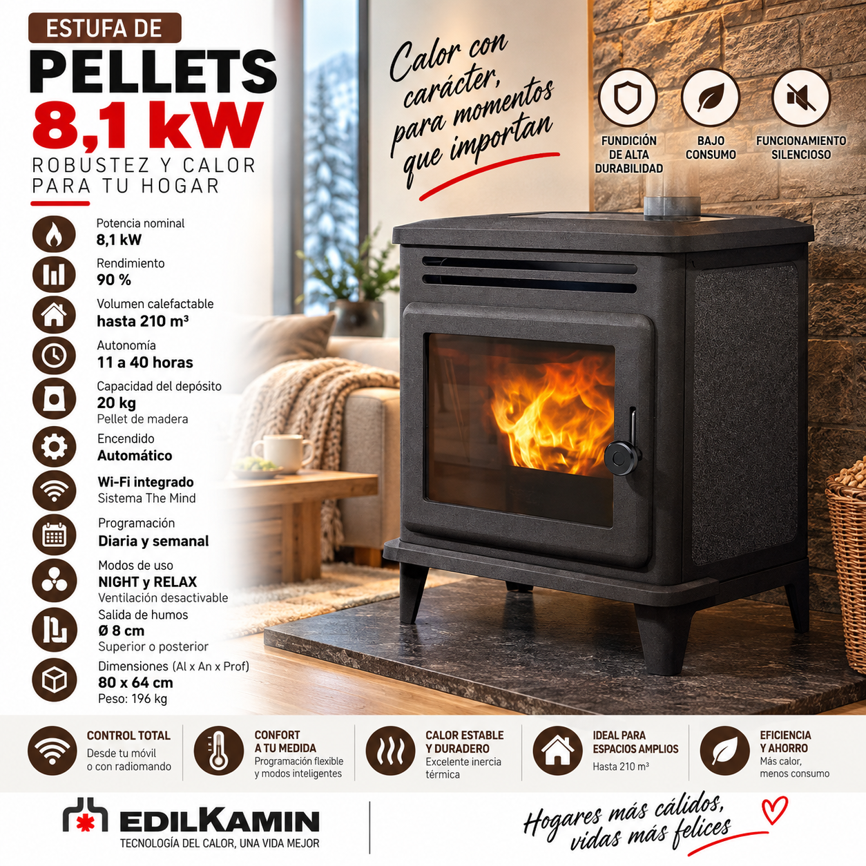 Estufa de Pellets Edilkamin LILLE 8 kW – Calefacción Eficiente y Diseño Moderno
