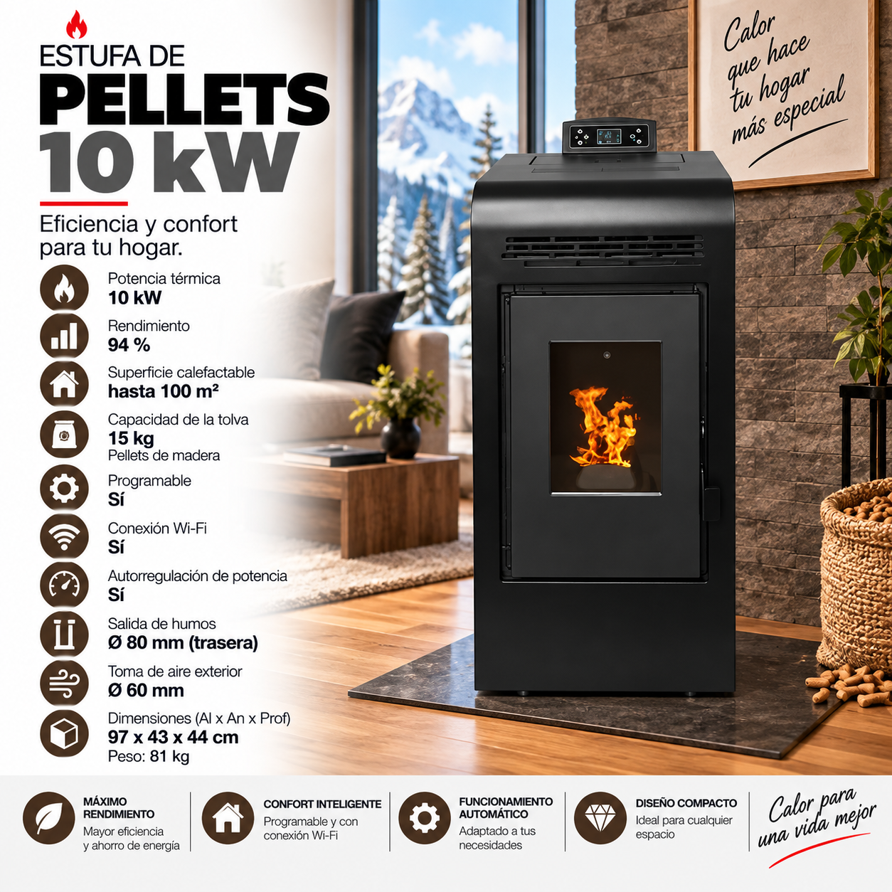 Estufa de Pellets VEGA 10 kW – Calefacción Eficiente y Alto Rendimiento