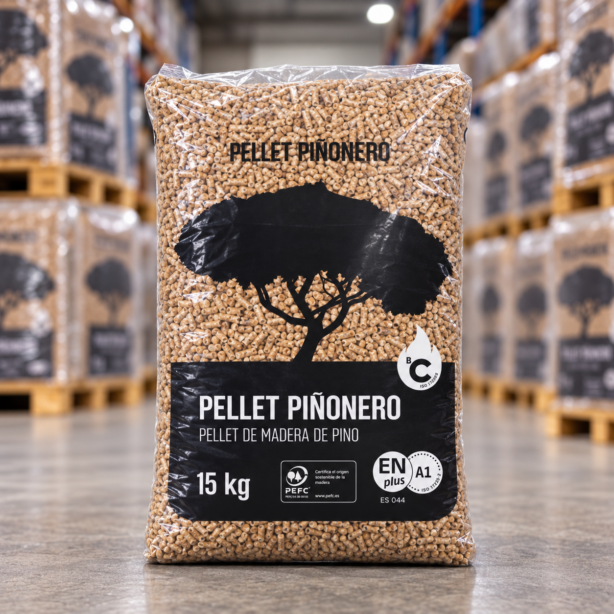 Pellet Premium Piñonero – Palé de 42 Sacos de 15 kg | Certificación ENplus A1
